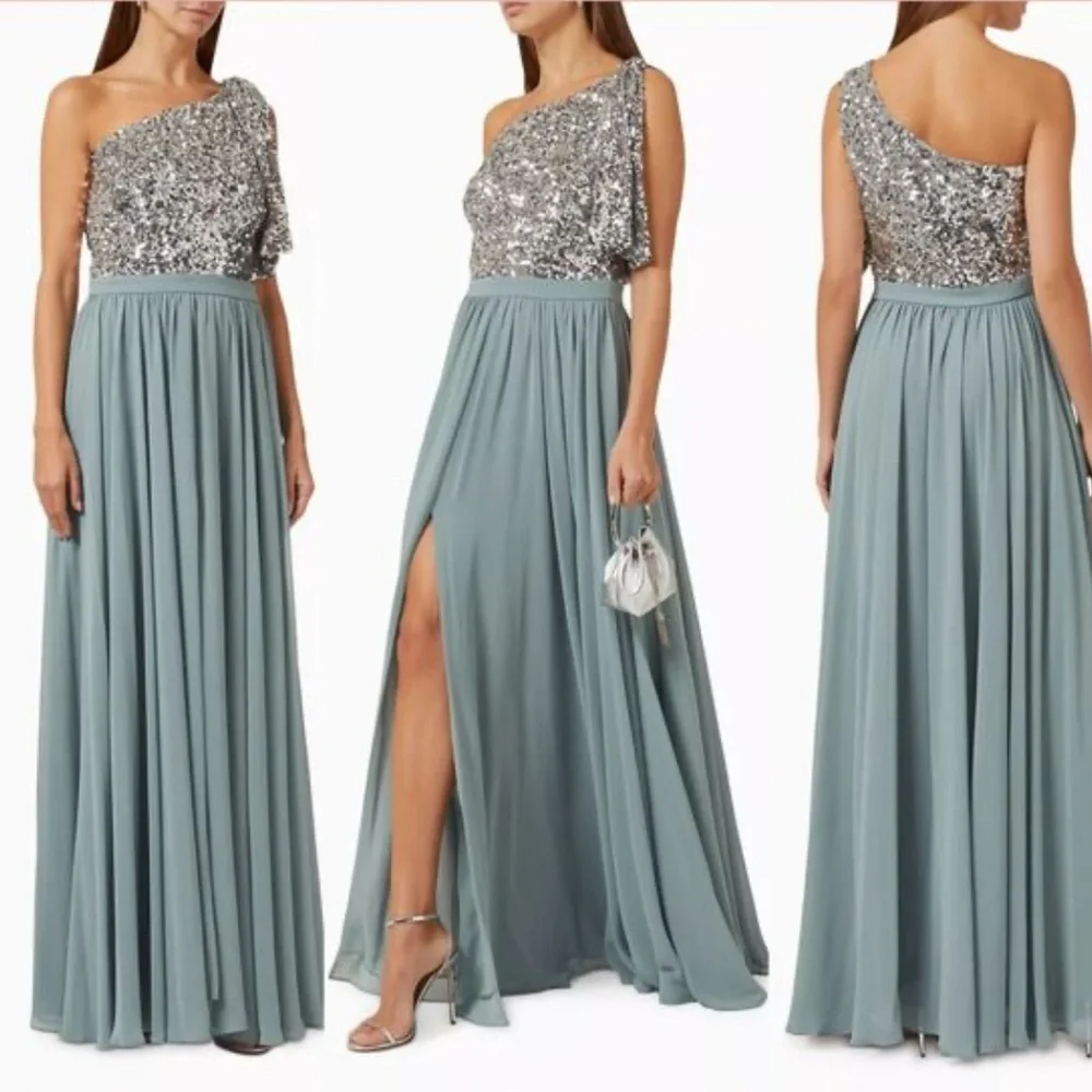 Sachin & Babi Jolie One Shoulder Sequin Gown Steel Blue - Picture 2 of 12